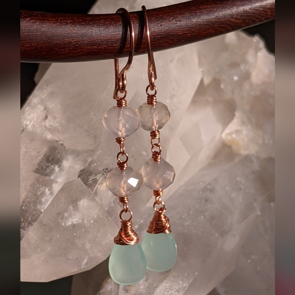 Artisan Chalcedony Earrings Copper Wire Wrapped Gemstone Jewelry - Picture 2 of 16